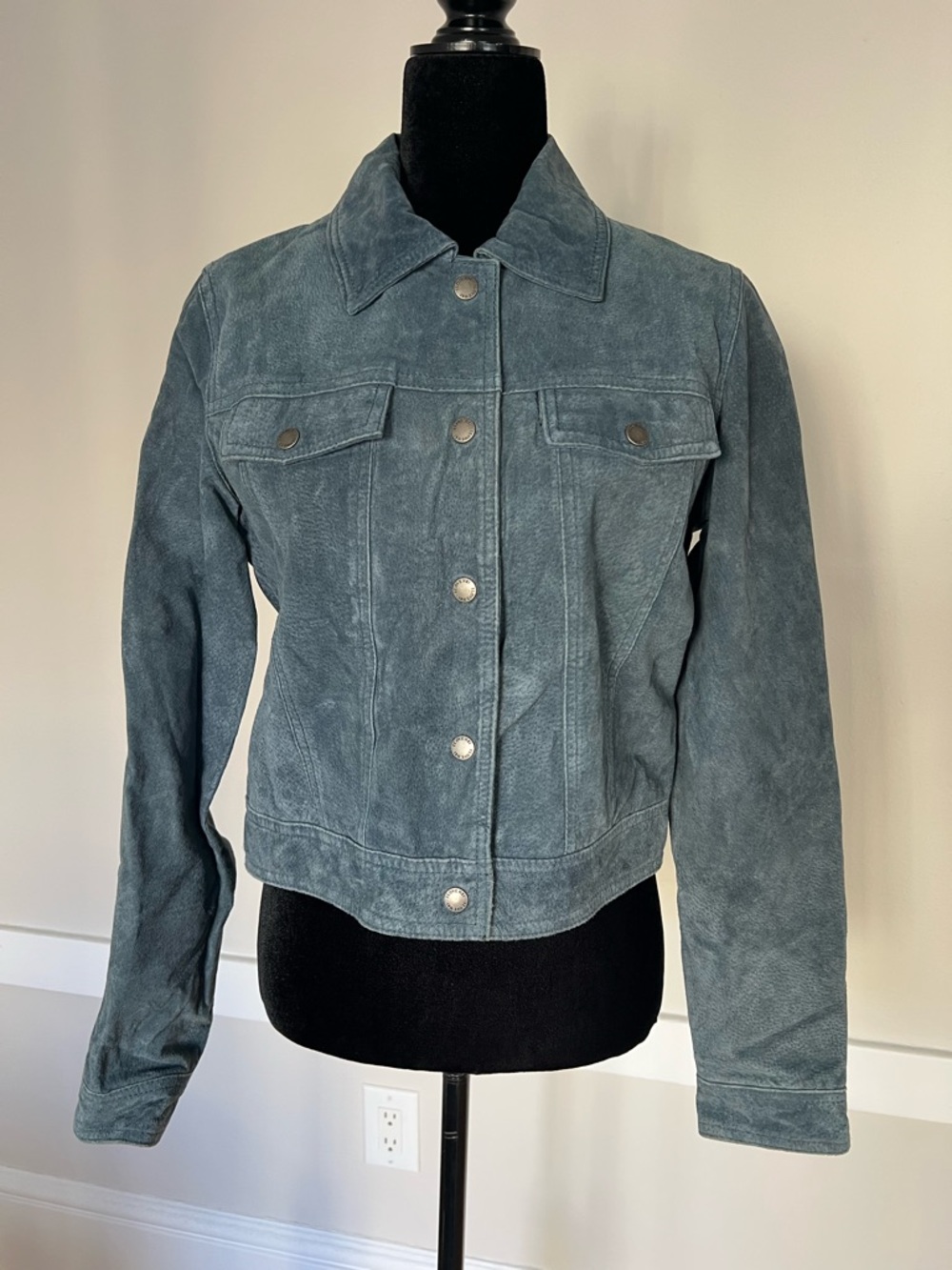 100% Leather H81 Dusty Blue Suede Jean Jacket Size Juniors Large Best Fits Small